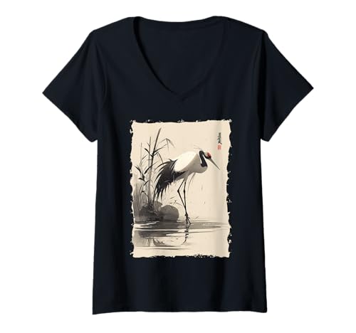 Damen Kraniche Kanji Sakura Japan Natur - Sonnenaufgang Zen T-Shirt mit V-Ausschnitt Damen Kraniche Kanji Sakura Japan Natur - Sonnenaufgang Zen T-Shirt mit V-Ausschnitt von Eleganter Vogel Friedliches Ästhetisches Geschenk