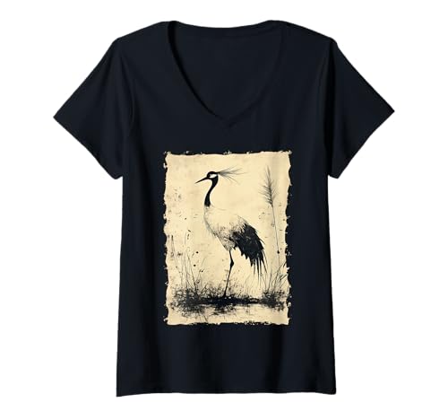 Damen Kraniche Kanji Sakura Japan Natur - Sonnenaufgang Zen T-Shirt mit V-Ausschnitt von Eleganter Vogel Friedliches Ästhetisches Geschenk
