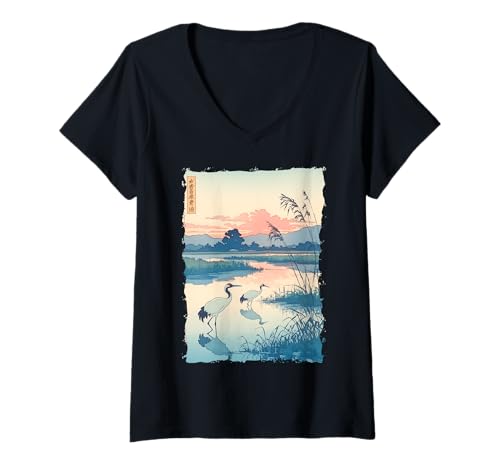 Damen Kraniche Kanji Sakura Japan Natur - Sonnenaufgang Zen T-Shirt mit V-Ausschnitt von Eleganter Vogel Friedliches Ästhetisches Geschenk