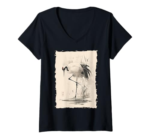 Damen Kraniche Kanji Sakura Japan Natur - Sonnenaufgang Zen T-Shirt mit V-Ausschnitt Damen Kraniche Kanji Sakura Japan Natur - Sonnenaufgang Zen T-Shirt mit V-Ausschnitt von Eleganter Vogel Friedliches Ästhetisches Geschenk