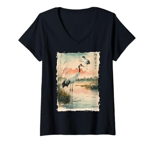 Damen Kraniche Kanji Sakura Japan Natur - Sonnenaufgang Zen T-Shirt mit V-Ausschnitt von Eleganter Vogel Friedliches Ästhetisches Geschenk