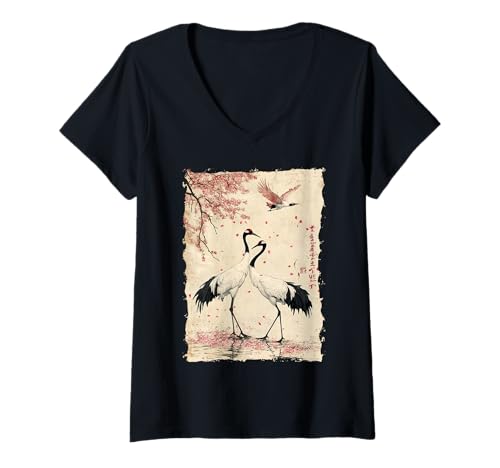 Damen Kraniche Kanji Sakura Japan Natur - Sonnenaufgang Zen T-Shirt mit V-Ausschnitt von Eleganter Vogel Friedliches Ästhetisches Geschenk