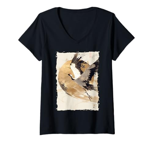 Damen Kraniche Kanji Sakura Japan Natur - Sonnenaufgang Zen T-Shirt mit V-Ausschnitt von Eleganter Vogel Friedliches Ästhetisches Geschenk