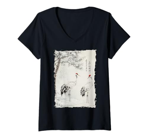 Damen Kraniche Kanji Sakura Japan Natur - Sonnenaufgang Zen T-Shirt mit V-Ausschnitt von Eleganter Vogel Friedliches Ästhetisches Geschenk