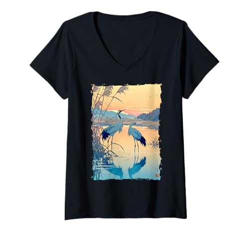 Damen Kraniche Kanji Sakura Japan Natur - Sonnenaufgang Zen T-Shirt mit V-Ausschnitt von Eleganter Vogel Friedliches Ästhetisches Geschenk