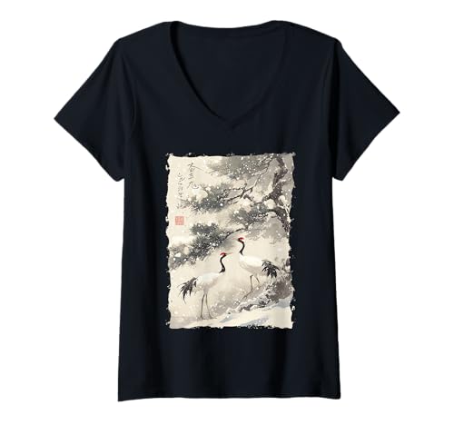 Damen Kraniche Kanji Sakura Japan Natur - Sonnenaufgang Zen T-Shirt mit V-Ausschnitt Damen Kraniche Kanji Sakura Japan Natur - Sonnenaufgang Zen T-Shirt mit V-Ausschnitt von Eleganter Vogel Friedliches Ästhetisches Geschenk