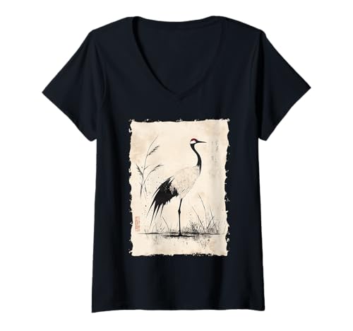 Damen Kraniche Kanji Sakura Japan Natur - Zen T-Shirt mit V-Ausschnitt Damen Kraniche Kanji Sakura Japan Natur - Zen T-Shirt mit V-Ausschnitt von Eleganter Vogel Friedliches Ästhetisches Geschenk