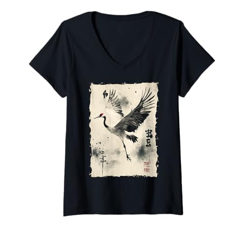 Damen Kraniche Kanji Sakura Japan Natur - Zen T-Shirt mit V-Ausschnitt von Eleganter Vogel Friedliches Ästhetisches Geschenk