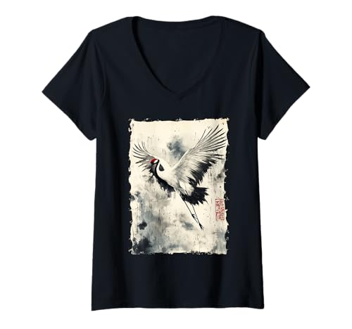 Damen Kraniche Kanji Sakura Japan Natur - Zen T-Shirt mit V-Ausschnitt Damen Kraniche Kanji Sakura Japan Natur - Zen T-Shirt mit V-Ausschnitt von Eleganter Vogel Friedliches Ästhetisches Geschenk