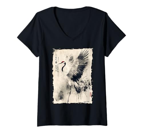 Damen Kraniche Kanji Sakura Japan Natur - Zen T-Shirt mit V-Ausschnitt Damen Kraniche Kanji Sakura Japan Natur - Zen T-Shirt mit V-Ausschnitt von Eleganter Vogel Friedliches Ästhetisches Geschenk