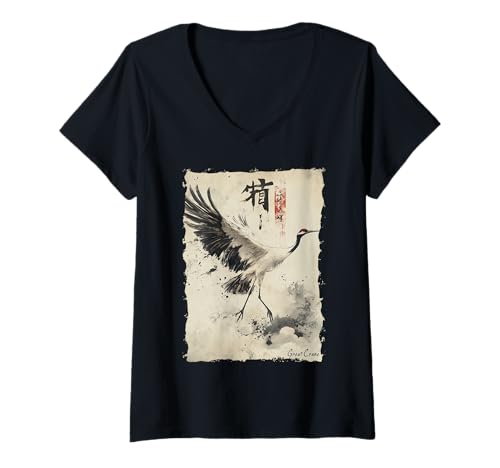 Damen Kraniche Kanji Sakura Japan Natur - Zen T-Shirt mit V-Ausschnitt von Eleganter Vogel Friedliches Ästhetisches Geschenk