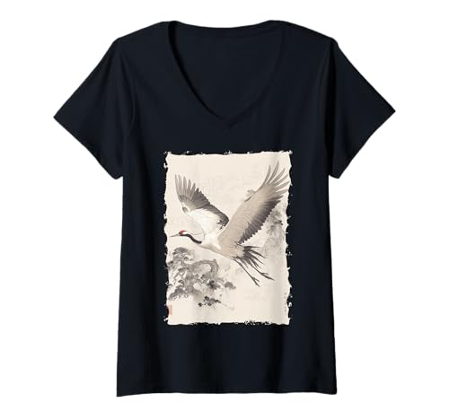 Damen Kraniche Kanji Sakura Japan Natur - Zen T-Shirt mit V-Ausschnitt Damen Kraniche Kanji Sakura Japan Natur - Zen T-Shirt mit V-Ausschnitt von Eleganter Vogel Friedliches Ästhetisches Geschenk