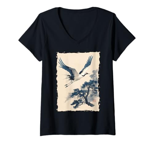 Damen Kraniche Kanji Sakura Japan Natur - Zen T-Shirt mit V-Ausschnitt Damen Kraniche Kanji Sakura Japan Natur - Zen T-Shirt mit V-Ausschnitt von Eleganter Vogel Friedliches Ästhetisches Geschenk