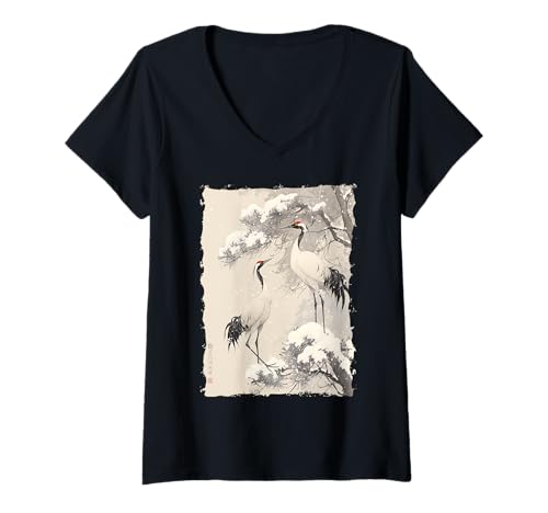 Damen Kraniche Sakura Japan Natur - Sonnenaufgang Zen T-Shirt mit V-Ausschnitt von Eleganter Vogel Friedliches Ästhetisches Geschenk