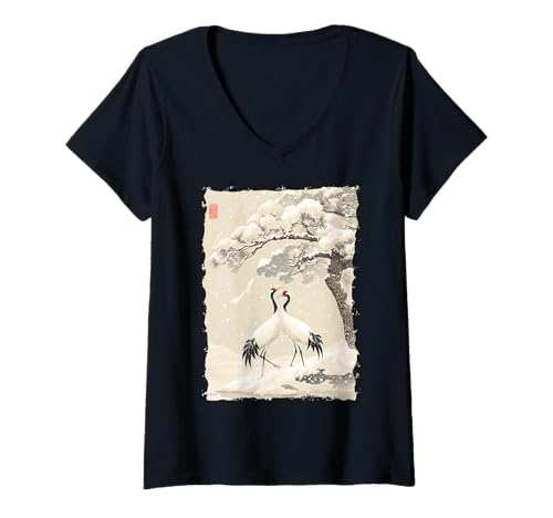 Damen Kraniche Sakura Japan Natur - Sonnenaufgang Zen T-Shirt mit V-Ausschnitt Damen Kraniche Sakura Japan Natur - Sonnenaufgang Zen T-Shirt mit V-Ausschnitt von Eleganter Vogel Friedliches Ästhetisches Geschenk