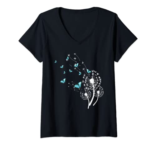 Damen Löwenzahn und Schmetterlinge Design für Damen Pusteblume T-Shirt mit V-Ausschnitt von Elegantes Blumenmotiv Blume mit fliegenden Sporen