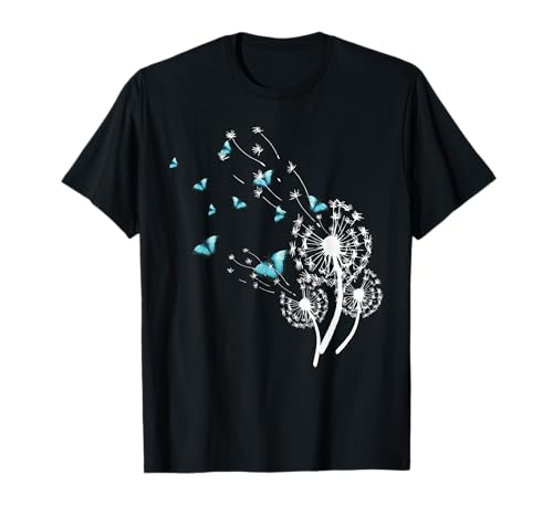 Löwenzahn und Schmetterlinge Design für Damen Pusteblume T-Shirt von Elegantes Blumenmotiv Blume mit fliegenden Sporen
