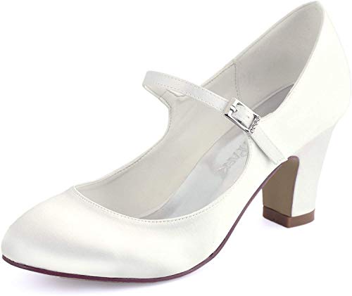 ElegantPark HC1801 Bequeme Damen Blockabsatz Mary Jane Pumps Satin Hochzeit Brautschuhe, Ivory, 37 EU von Elegantpark