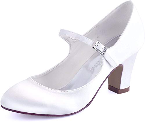 ElegantPark HC1801 Bequeme Damen Blockabsatz Mary Jane Pumps Satin Hochzeit Brautschuhe, Weiß, 38 EU von Elegantpark