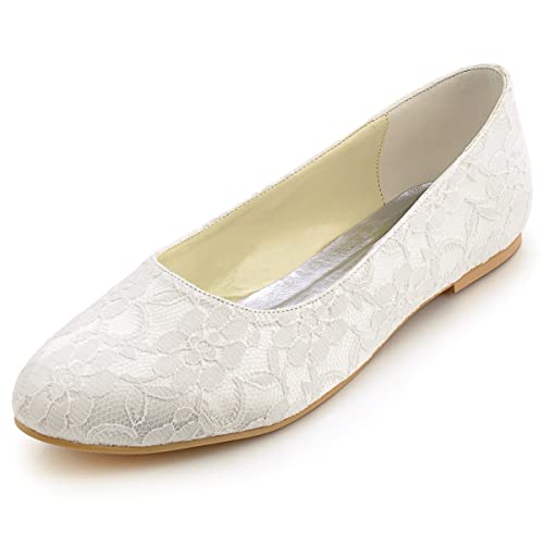 Elegantpark EP11106 Ivory Runde Zehen Einfache Lace Spitze Flache Brautschuhe Gr.42 von Elegantpark