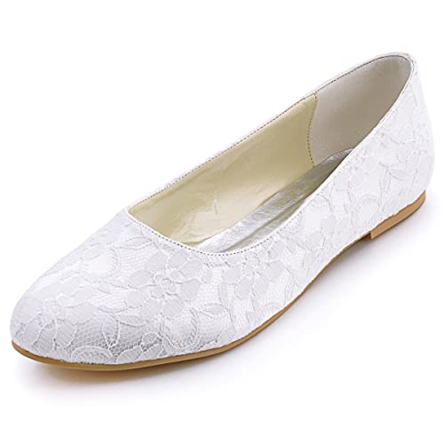 Elegantpark EP11106 Weiss Runde Zehen Einfache Lace Spitze Flache Brautschuhe Gr.37 von Elegantpark