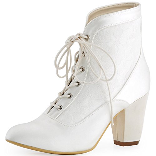 Elegantpark HC1528 Damen Satin Spitze Blockabtz Ankle Stiefelette Hochzeit Bequeme Brautstiefel Ivory Gr.39 von Elegantpark