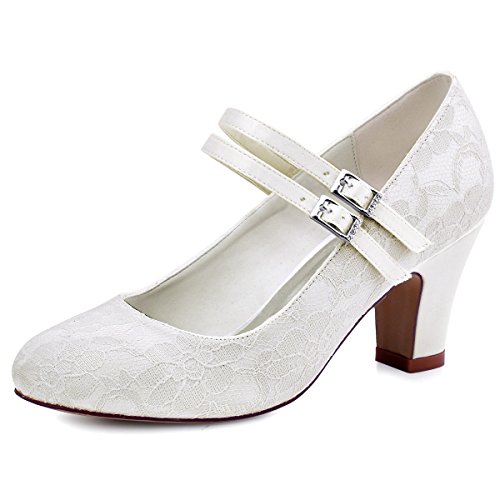 Elegantpark HC1701 Mary Jane Block Absatz Pumps Geschlossene Zehen Lace Satin Brautschuhe Ivory Gr.38 von Elegantpark