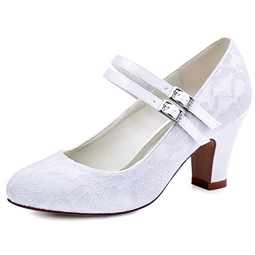 Elegantpark HC1701 Mary Jane Block Absatz Pumps Geschlossene Zehen Lace Satin Brautschuhe Weiß Gr.40 von Elegantpark