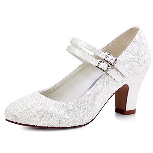 Elegantpark HC1708 Pumps Mary Jane Block Absatz Geschlossene Zehen Lace Satin Brautschuhe Ivory Gr.40 von Elegantpark