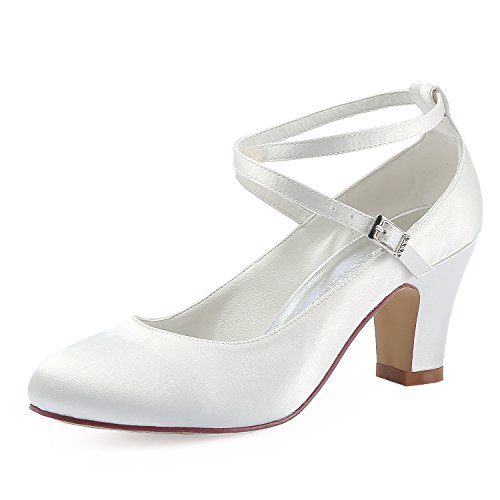 Elegantpark HC1808 Damen Krause Riemchen Blockabsatz Pumps Satin Hochzeit Brautschuhe Ivory Gr.38 von Elegantpark