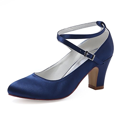 Elegantpark HC1808 Damen Krause Riemchen Blockabsatz Pumps Satin Hochzeit Brautschuhe Marineblau Gr.38 von Elegantpark