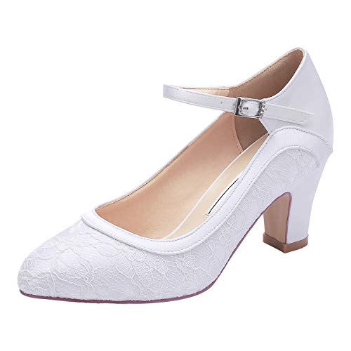 Elegantpark HC1928 Blockasbtz Hochzeit Bequem Hoch Pumps Mary Jane Satin Lace Hochzeitsschuhe Brautschuhe Weiß Gr.40 von Elegantpark