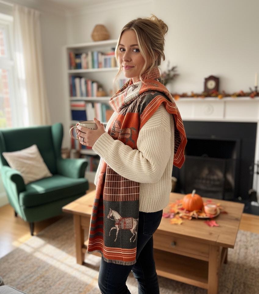 Damen Kaschmir Schal Designer 185x65 Extra Geschmeidig Sanft Dünn Orange Pferd Elegant Casual Klassisch Stil - Geschenk Für Sie Weihnachten von ElegantsilkShop