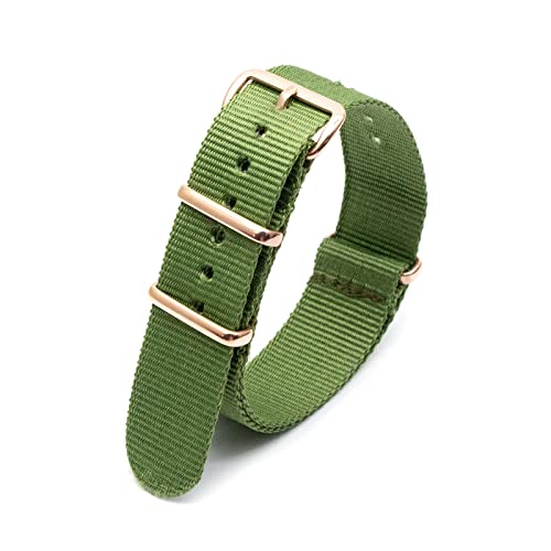 Nato-Uhrenarmband 18mm 20mm 22mm 24mm mehrfarbiges Nylonstreifen-Armband mit roségoldener Schnalle, Grün, 20mm von Elegantyl