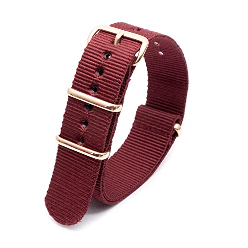 Nato-Uhrenarmband 18mm 20mm 22mm 24mm mehrfarbiges Nylonstreifen-Armband mit roségoldener Schnalle, Weinrot, 18mm von Elegantyl