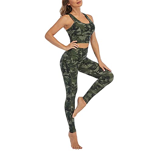 Tops Leggings Damen Sportswear Set, Damen Camouflage Drucke Workout Sportbekleidung Set 2 Stück Outfits High Taille Skinny Yoga Leggings Racerback Sport BH Crop Top Sportanzüge Freizeit Jogginganzug T von Elegantyl