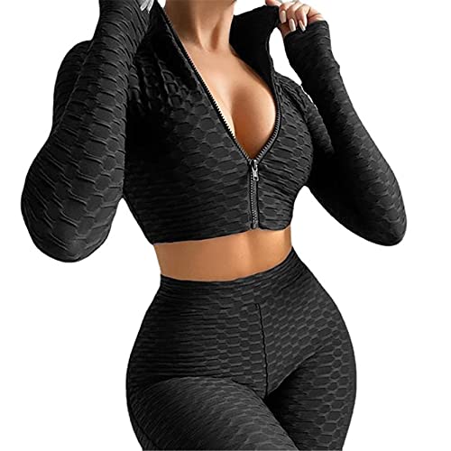 Tops Leggings Damen Sportswear Set, Honeycomb strukturiertes Trainingssatz Yoga Outfit 2 Stück Hohe Taille Butt Lift Biker Shorts Langarm Reißverschluss Crop Top Sommer Gym Klage Sportanzüge Freizeit von Elegantyl