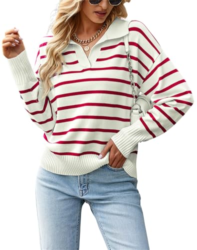 Eleganzeit Damen Polo Pullover Streifen Sweatshirt V-Ausschnitt Langarm Winter Gestrickt Oberteile Pulli Sweater Weinrot XL von Eleganzeit