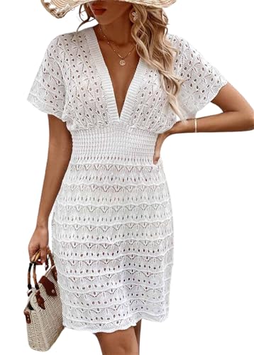 Eleganzeit Damen Strandkleid V-Ausschnitt Sommer Bikini Cover Up Beach Sommerkleid Weiß L von Eleganzeit