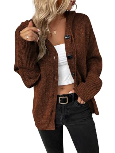 Eleganzeit Damen Strickjacke mit Kapuze Kurz Strick Cardigan mit V-Ausschnitt Knopfleiste Open Front Casual Sweater Pullover Kaffeebraun S von Eleganzeit