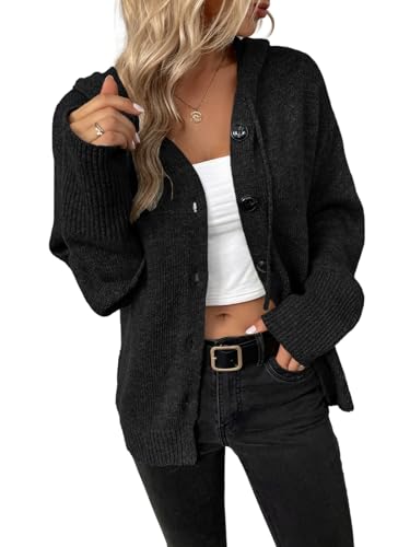 Eleganzeit Damen Strickjacke mit Kapuze Kurz Strick Cardigan mit V-Ausschnitt Knopfleiste Open Front Casual Sweater Pullover Schwarz XL von Eleganzeit