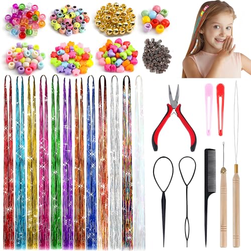 Haar Lametta Stränge Kit, Tinsel Lametta Haar Verlängerung Haare 120CM Bunte Hair Tinsel, Halloween Weihnachten Haarschmuck Dekoration mit Werkzeug, Silikon Link Ringe Perlen,12 Farben, 2400 Stränge von Elektheim
