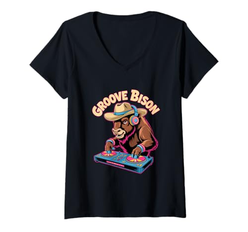 Damen Groove Bison Elektronische Musik Dj Spaß T-Shirt mit V-Ausschnitt Damen Groove Bison Elektronische Musik Dj Spaß T-Shirt mit V-Ausschnitt von Elektronische Musik Dj Tanz Bison Freude Kurze