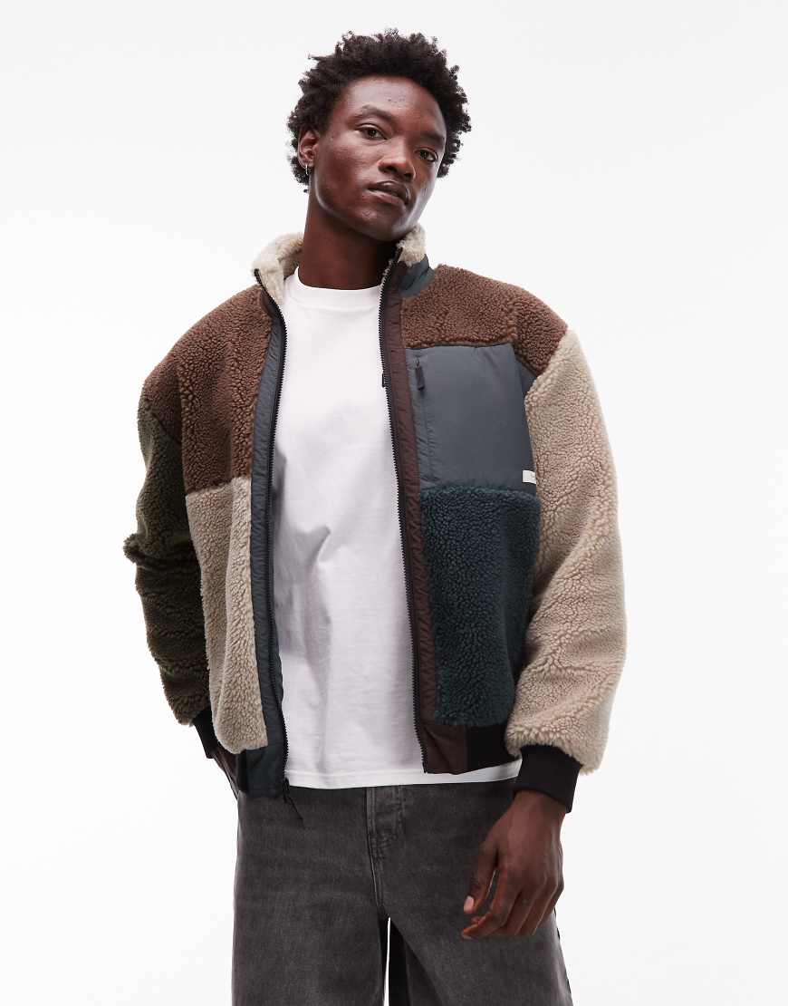 Element - Oak - Fleecejacke in Cremeweiß und Braun mit Reißverschluss und Patchwork-Design-Bunt von Element