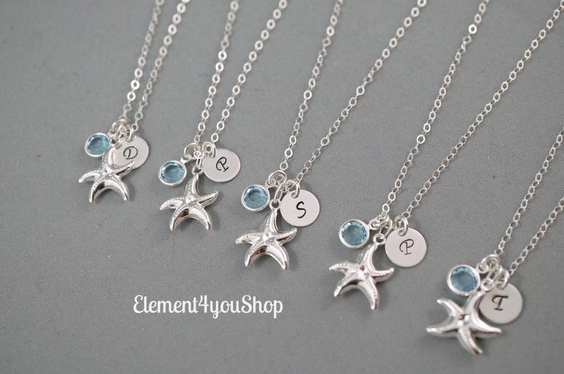 Brautjungfer Seestern Charm Halskette | Ziel Hochzeitsschmuck Personalisierte Initial & Swarovski Geburtsstein Anhänger 925 Silber von Element4YouShop