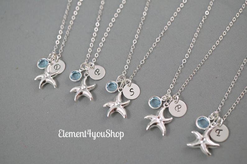 Brautjungfer Seestern Charm Halskette | Ziel Hochzeitsschmuck Personalisierte Initial & Swarovski Geburtsstein Anhänger 925 Silber von Element4YouShop