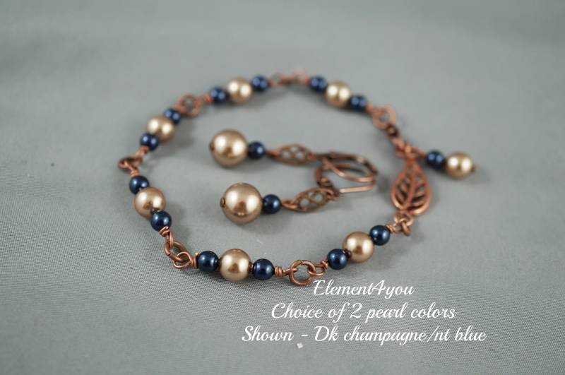Herbst Blatt Brautjungfer Schmuck Set | Armband & Ohrringe Brautparty Geschenk Swarovski Light Champagne Bronze Perlen Hochzeitsschmuck von Element4you