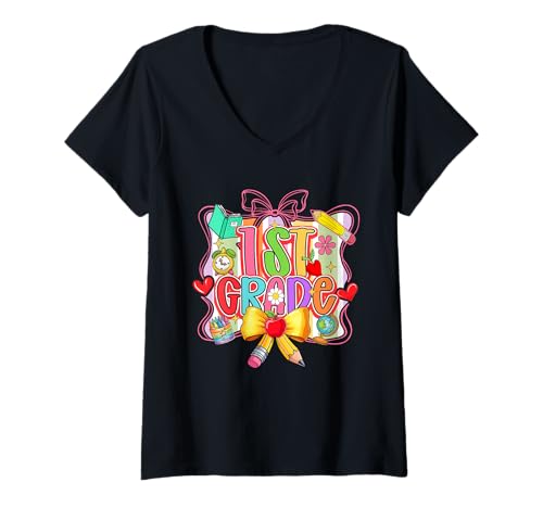 Damen Bunte Fliege für Schüler und Lehrer T-Shirt mit V-Ausschnitt Damen Bunte Fliege für Schüler und Lehrer T-Shirt mit V-Ausschnitt von Elementary School Back To School Costume