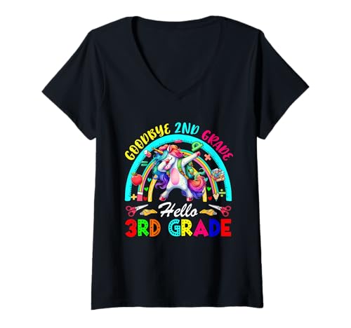 Damen Goodbye 2nd Grade Hello 3rd Grade Dabbing Unicorn Rainbow T-Shirt mit V-Ausschnitt von Elementary School Back To School Costume