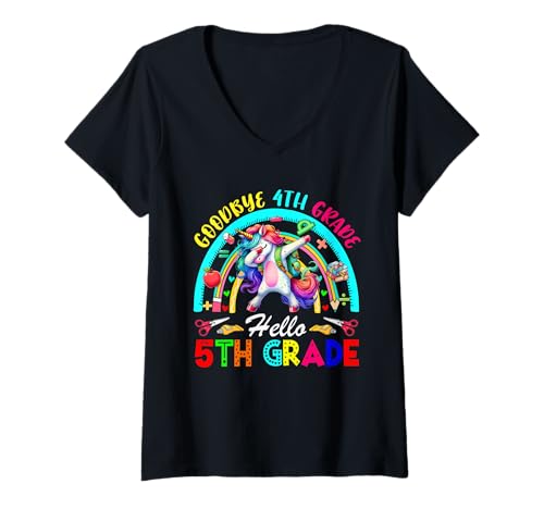 Damen Goodbye 4th Grade Hello 5th Grade Dabbing Unicorn Rainbow T-Shirt mit V-Ausschnitt von Elementary School Back To School Costume